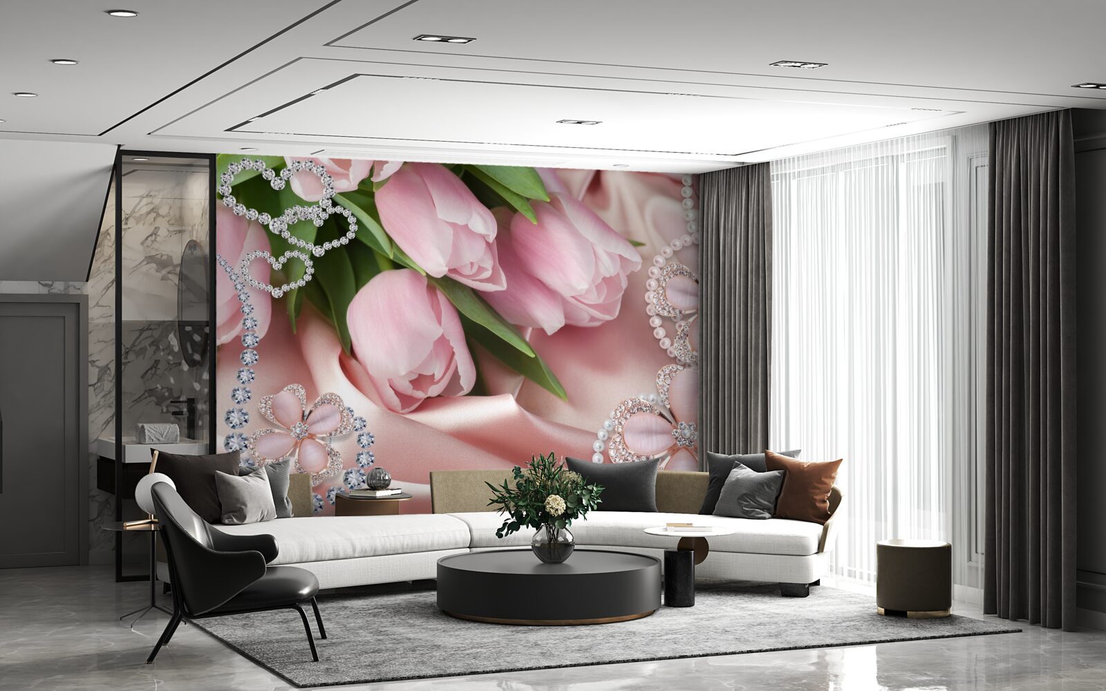 Фотошпалери тюльпани рожевого кольору, прикрашені бісером на шовковому тлі