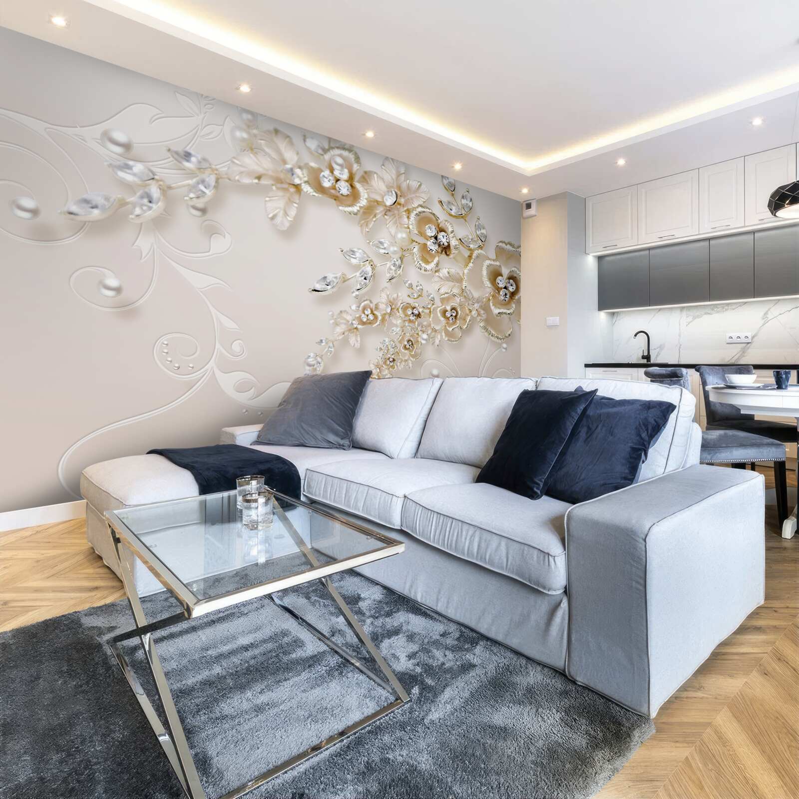 Фотошпалери гілки, що цвітуть золотом, всипані камінням