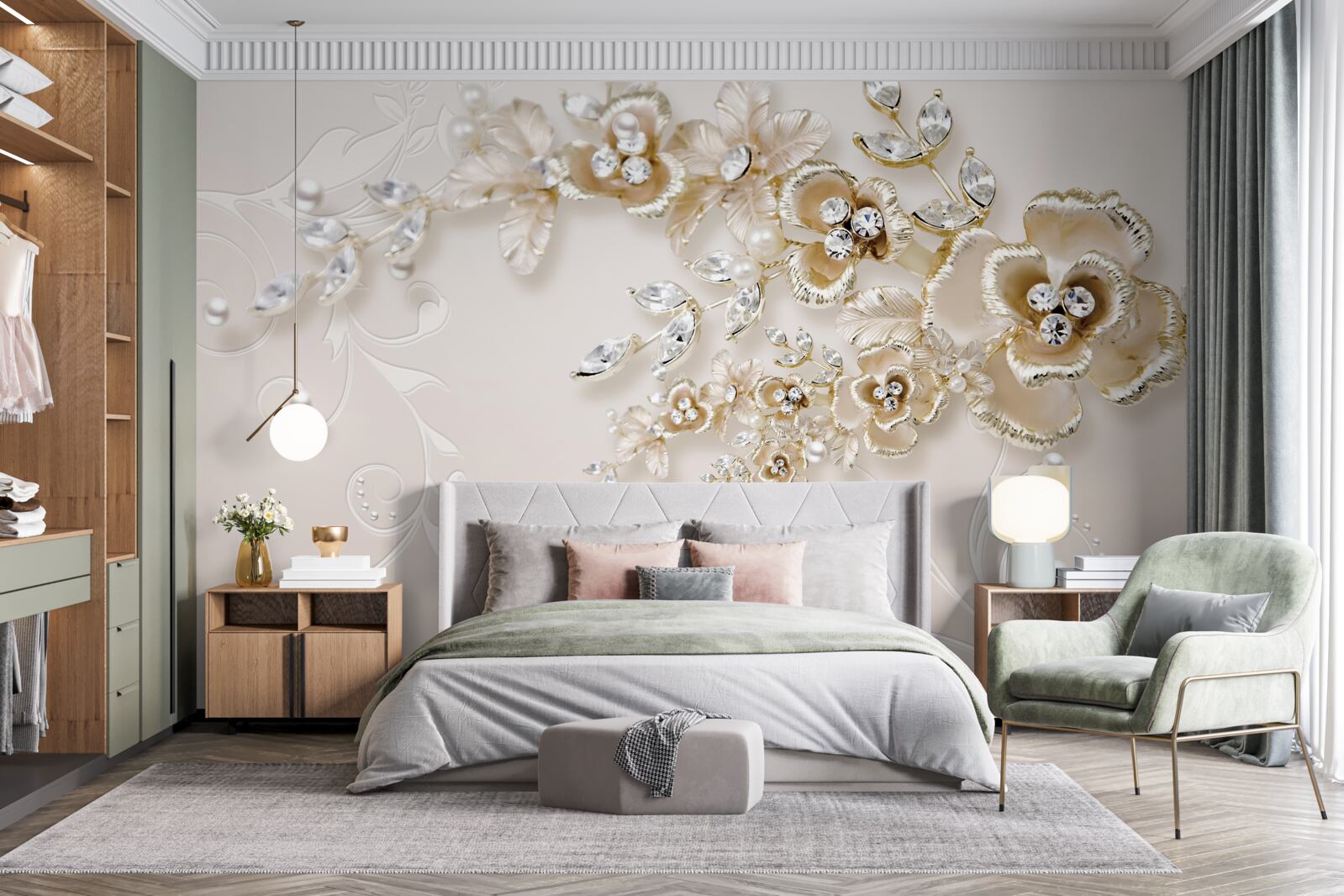 Фотошпалери гілки, що цвітуть золотом, всипані камінням