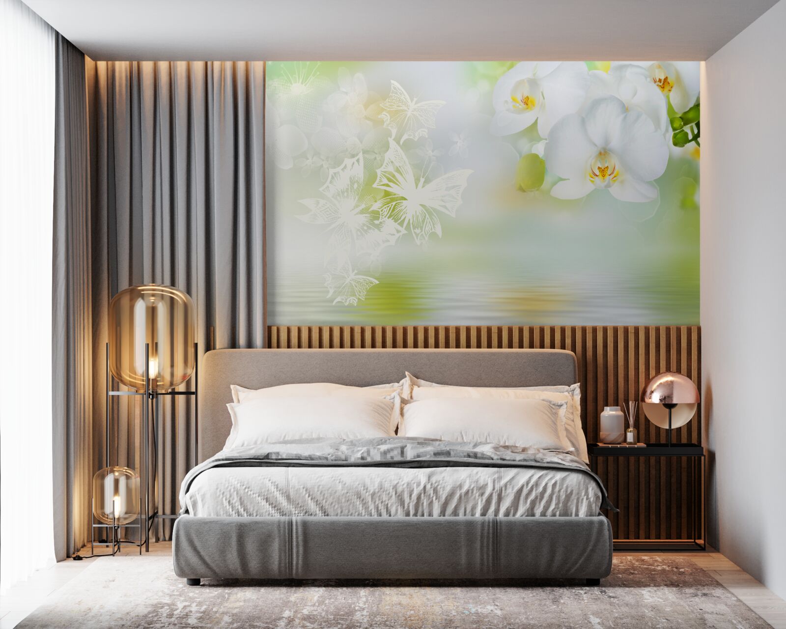 Фотошпалери Білосніжні орхідеї віддзеркалюються у воді