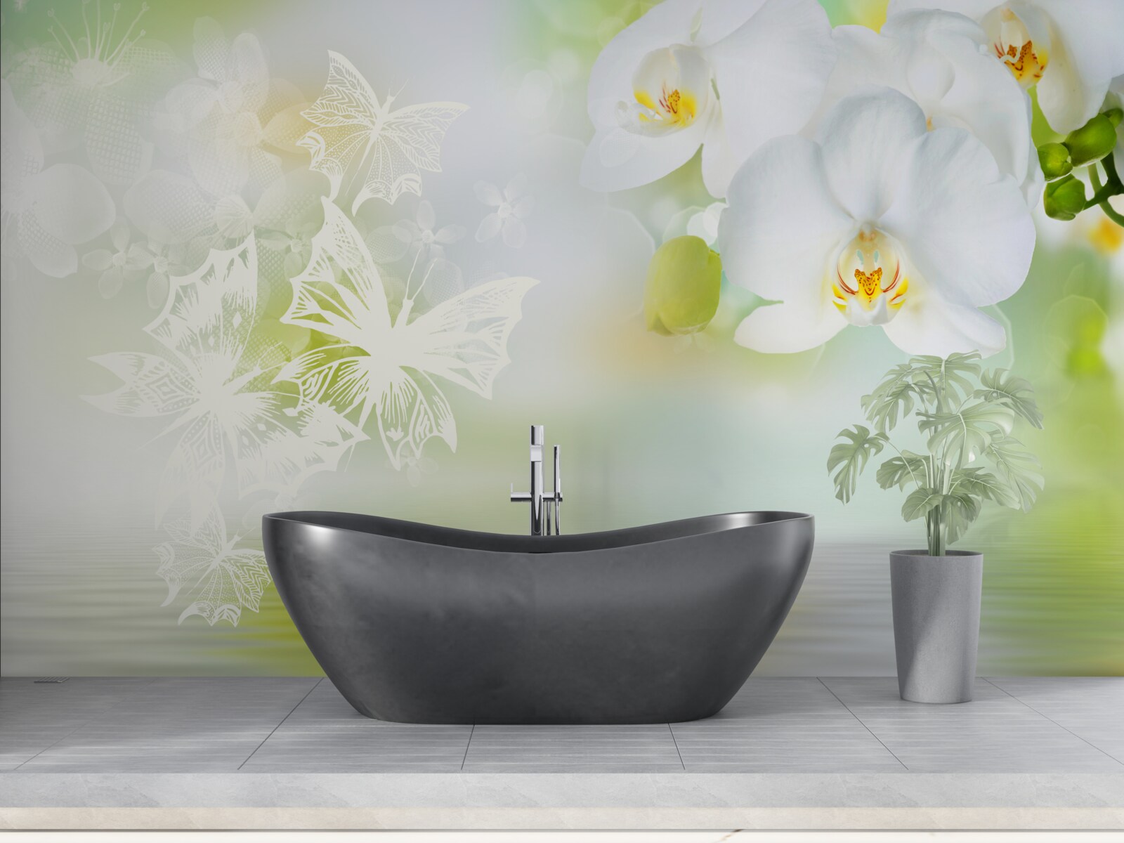 Фотошпалери Білосніжні орхідеї віддзеркалюються у воді