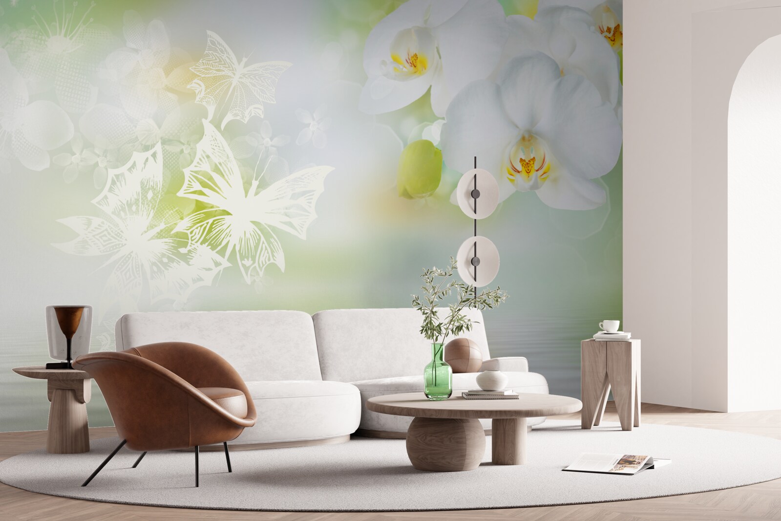 Фотошпалери Білосніжні орхідеї віддзеркалюються у воді