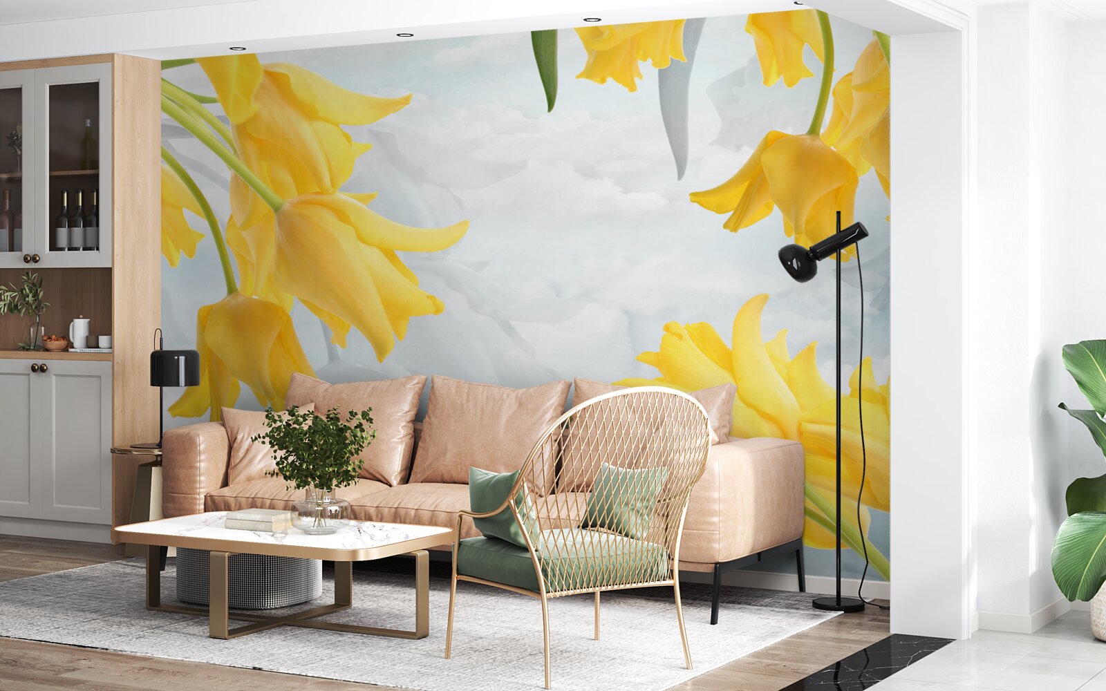 Фотошпалери Жовті тюльпани на тлі блакитного неба