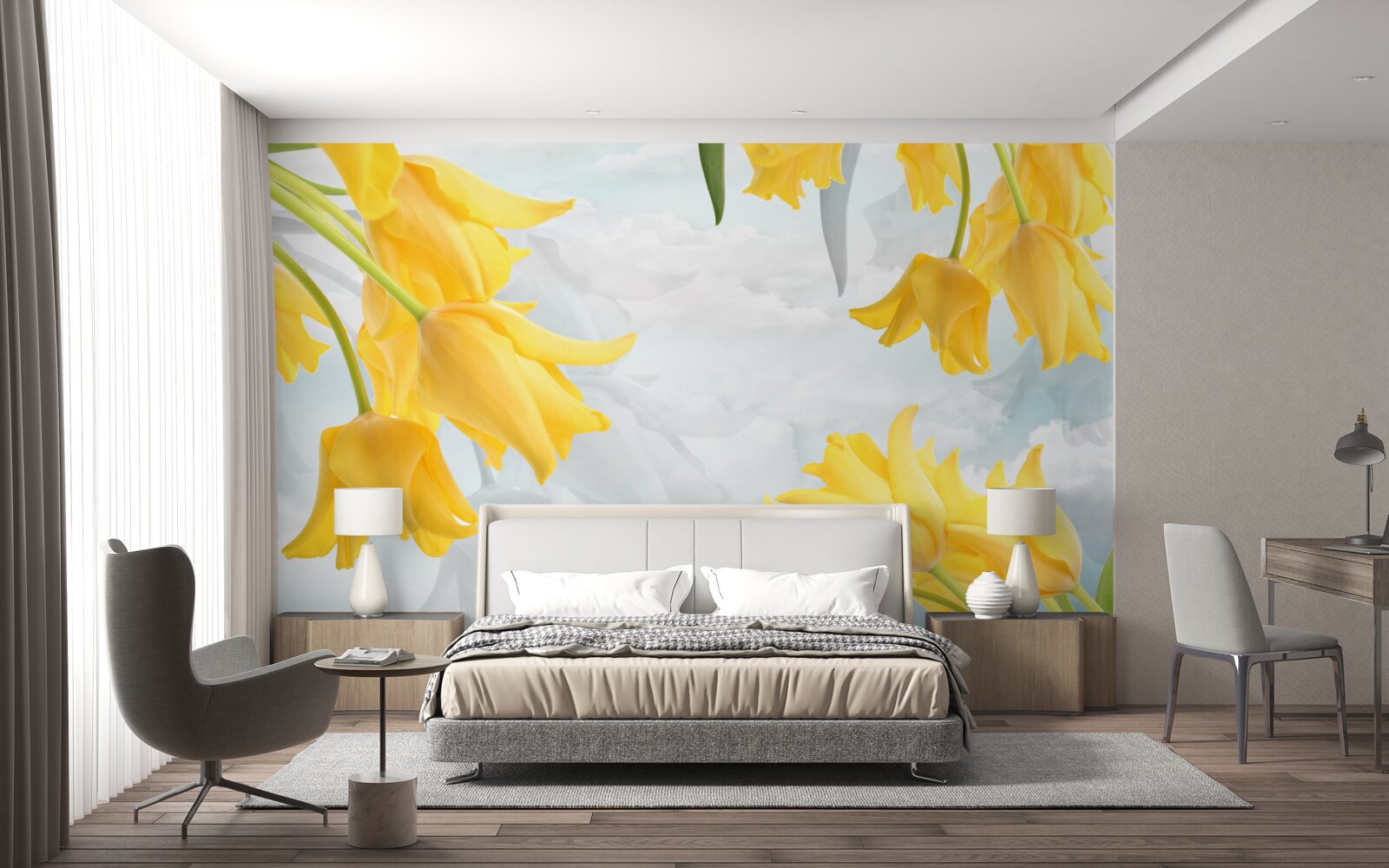 Фотошпалери Жовті тюльпани на тлі блакитного неба