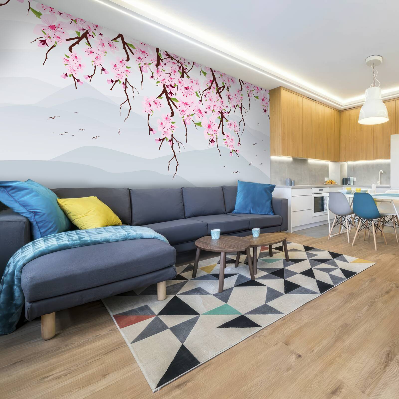 Фотошпалери квітуча сакура на тлі пейзажу гір і води