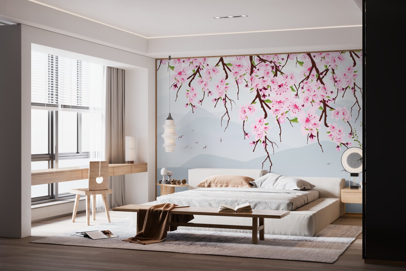 Фотошпалери квітуча сакура на тлі пейзажу гір і води