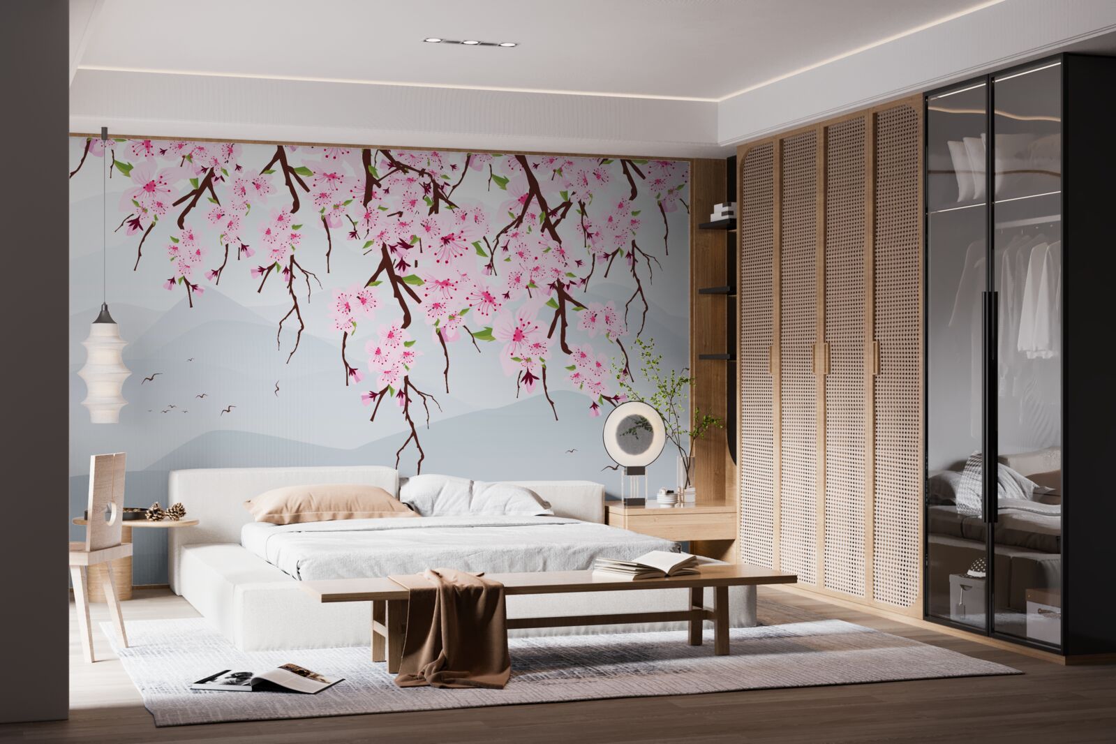 Фотошпалери квітуча сакура на тлі пейзажу гір і води