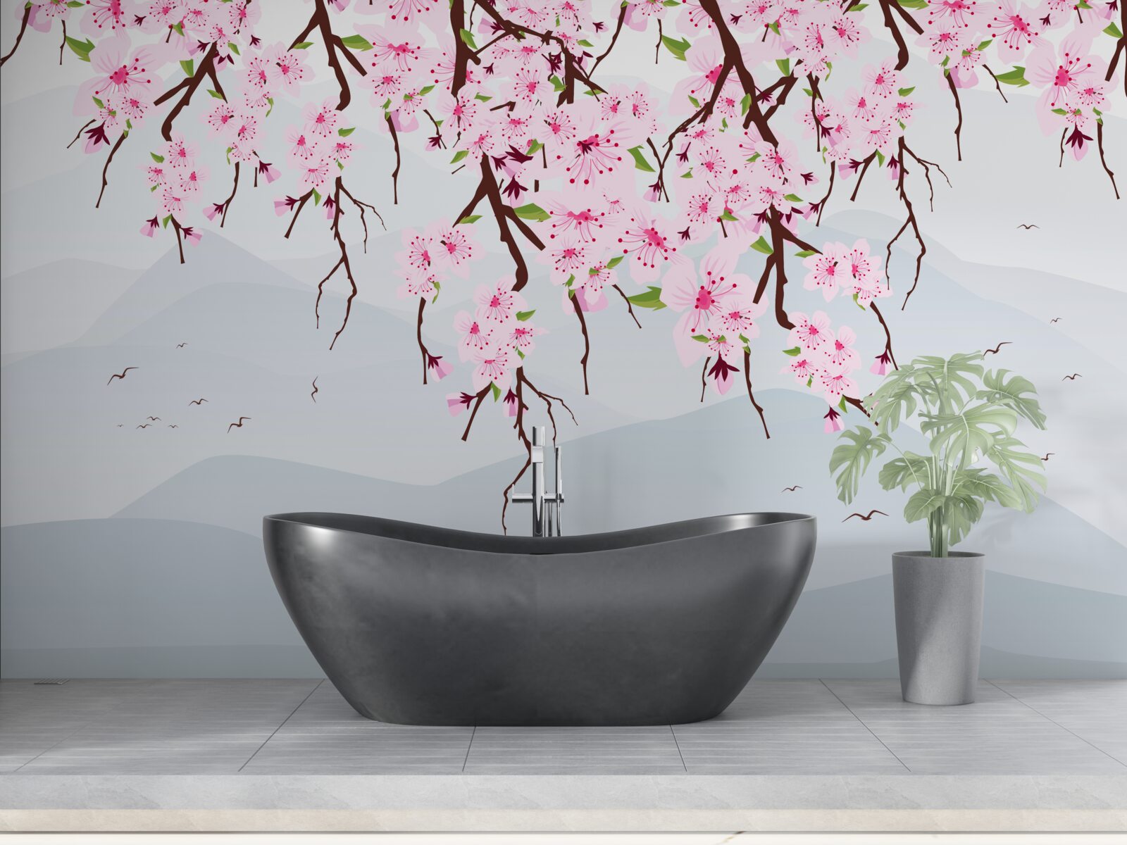 Фотошпалери квітуча сакура на тлі пейзажу гір і води