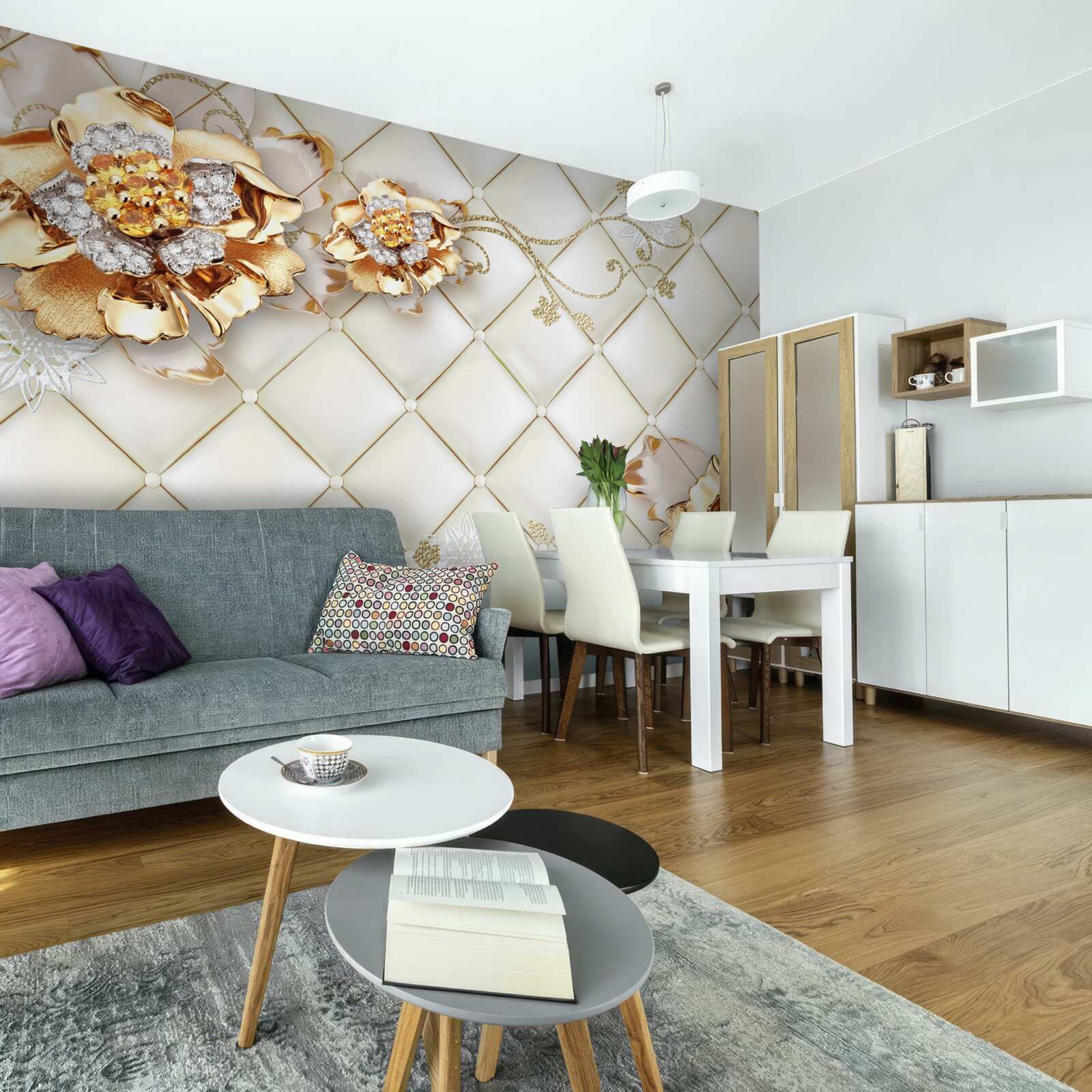 Фотошпалери квіткові бутони з перлинками, що нагадують золото