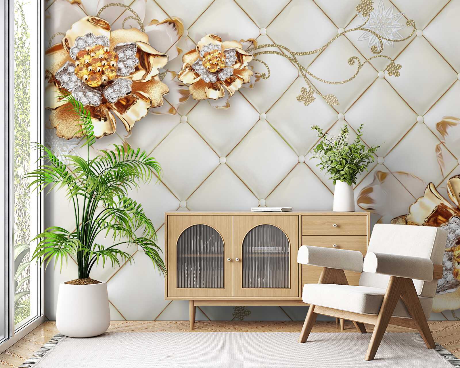 Фотошпалери квіткові бутони з перлинками, що нагадують золото