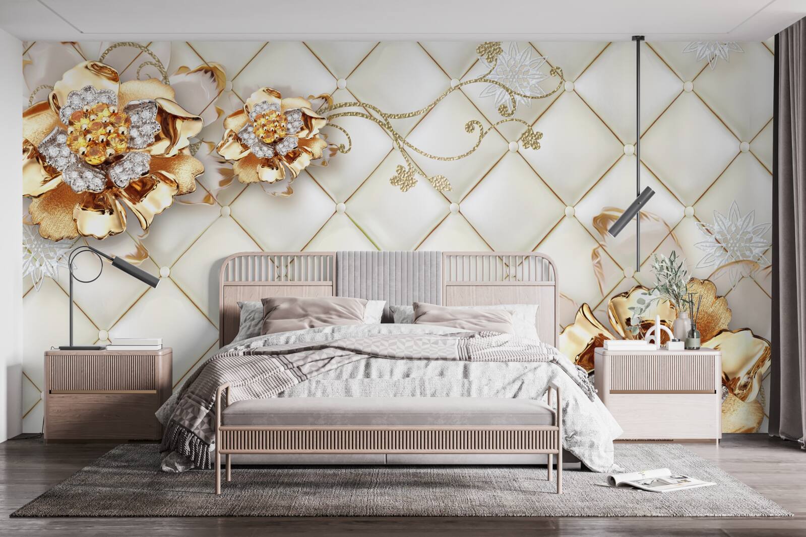 Фотошпалери квіткові бутони з перлинками, що нагадують золото