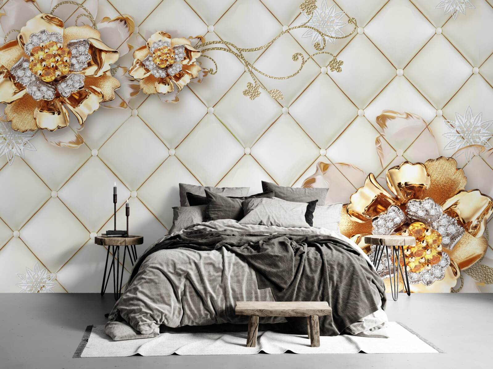 Фотошпалери квіткові бутони з перлинками, що нагадують золото