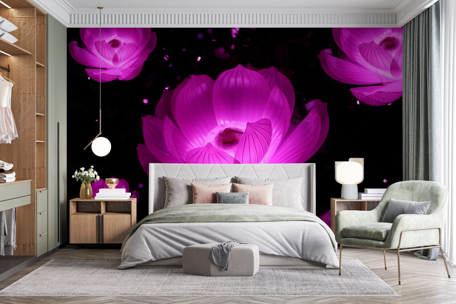 Фотошпалери фіолетові квіти в неоновому світлі