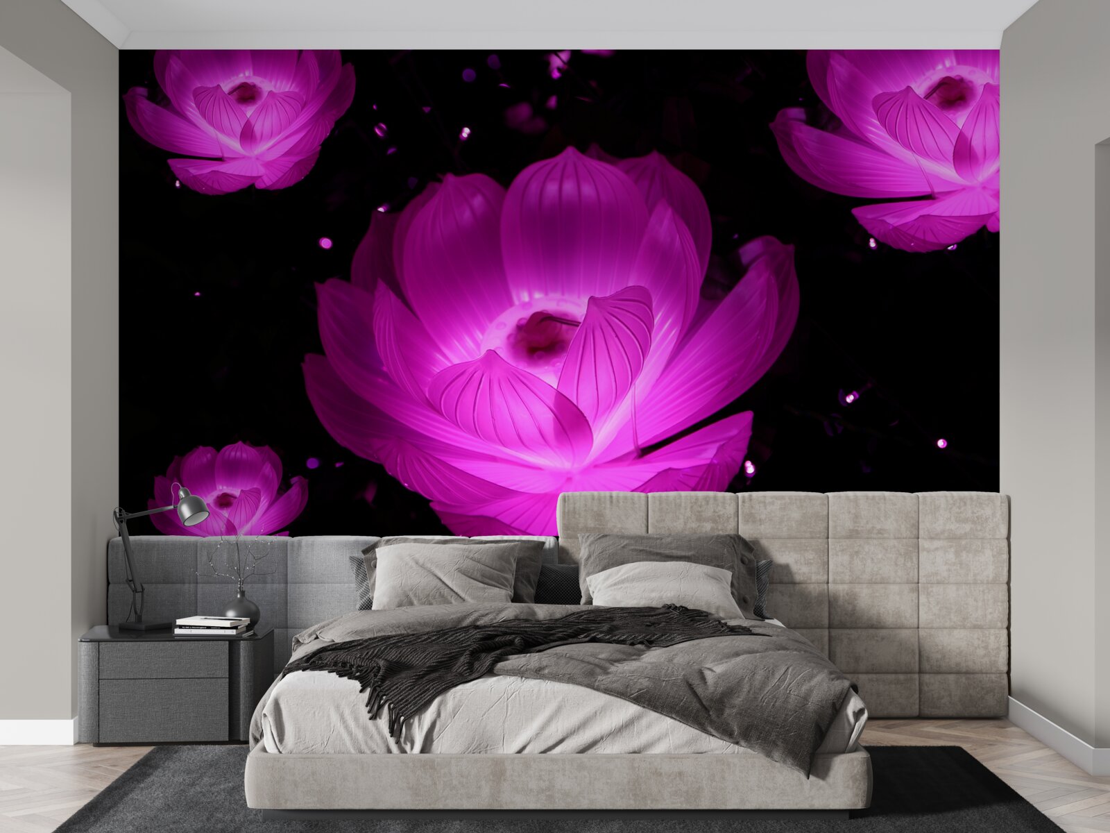 Фотошпалери фіолетові квіти в неоновому світлі