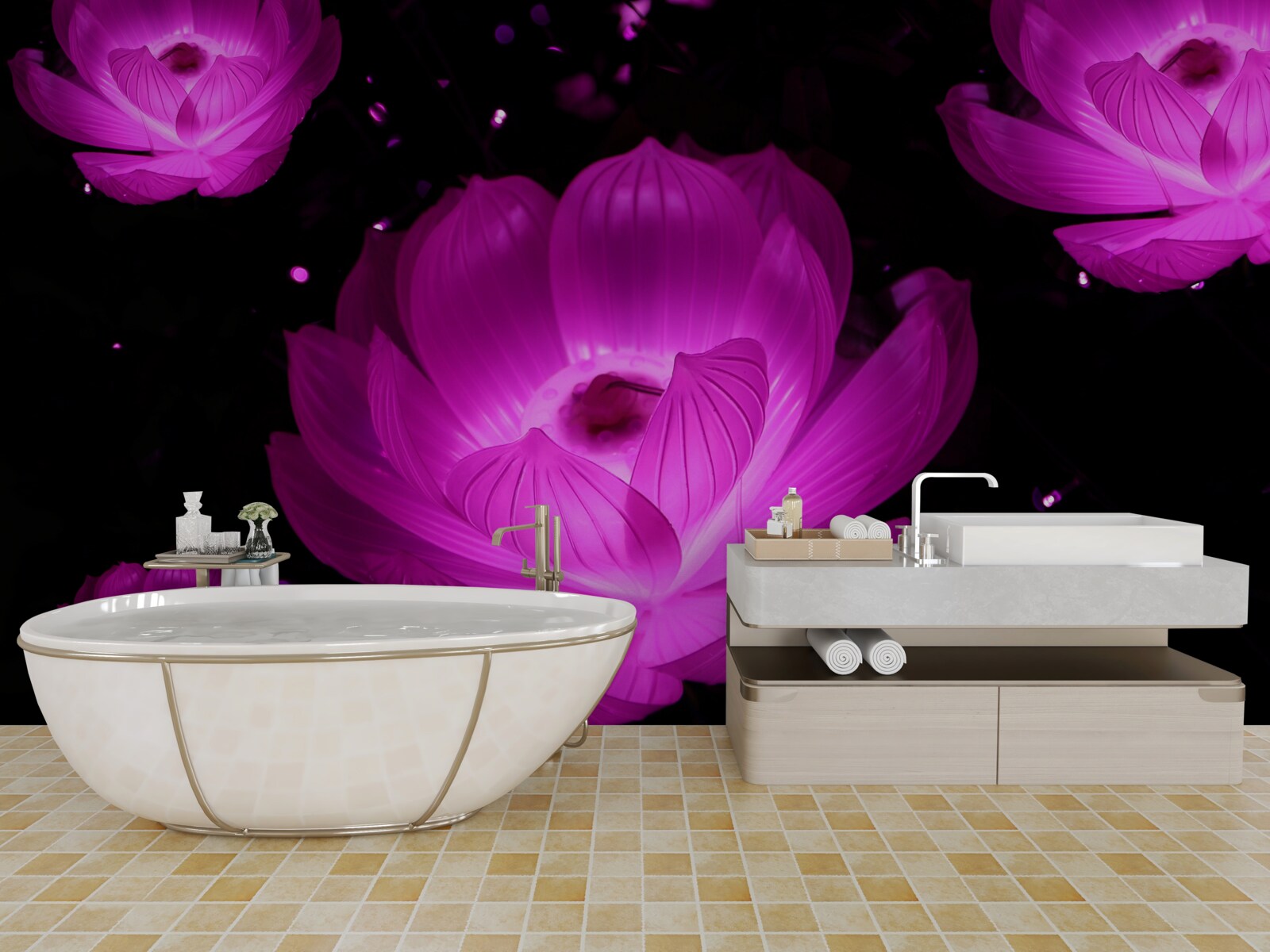 Фотошпалери фіолетові квіти в неоновому світлі