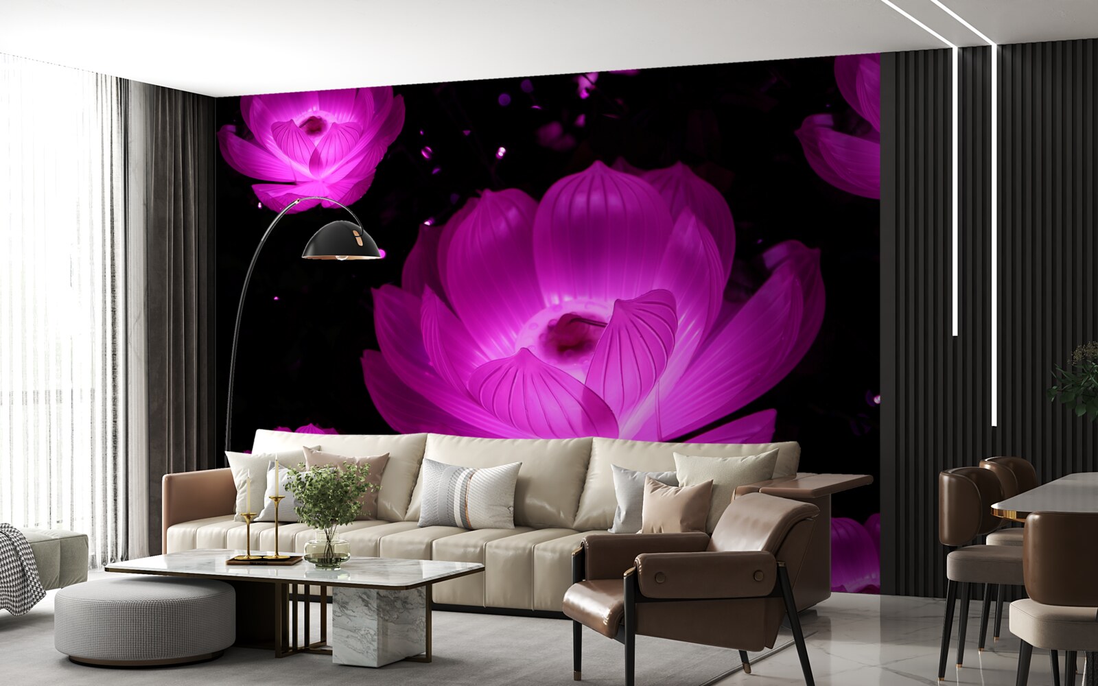 Фотошпалери фіолетові квіти в неоновому світлі