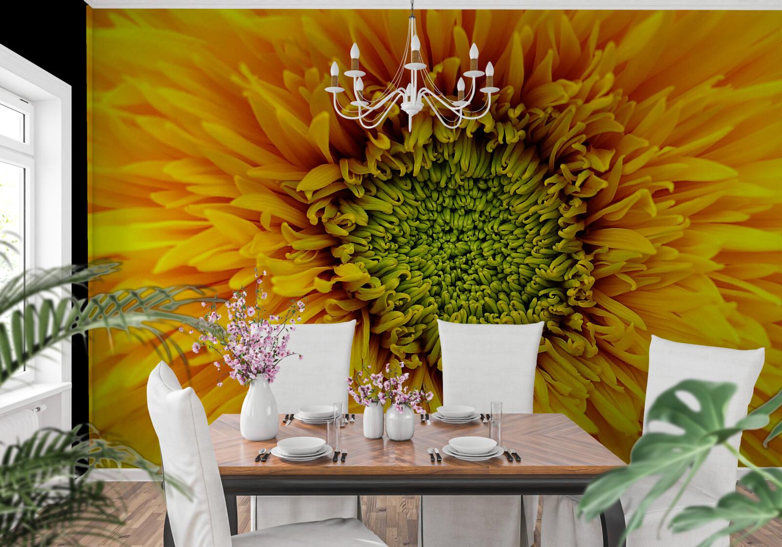 Фотошпалери квітка із зеленою серединкою, пофарбована в яскраво-жовтий колір