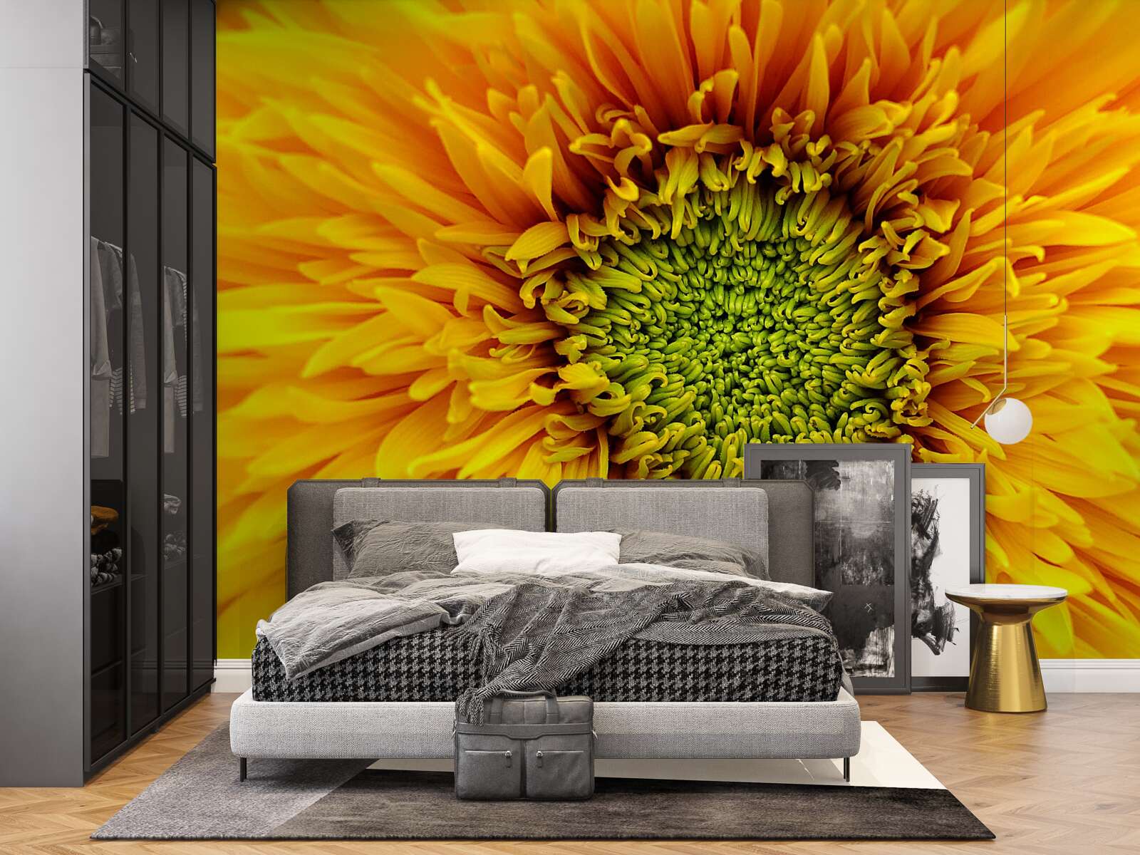 Фотошпалери квітка із зеленою серединкою, пофарбована в яскраво-жовтий колір