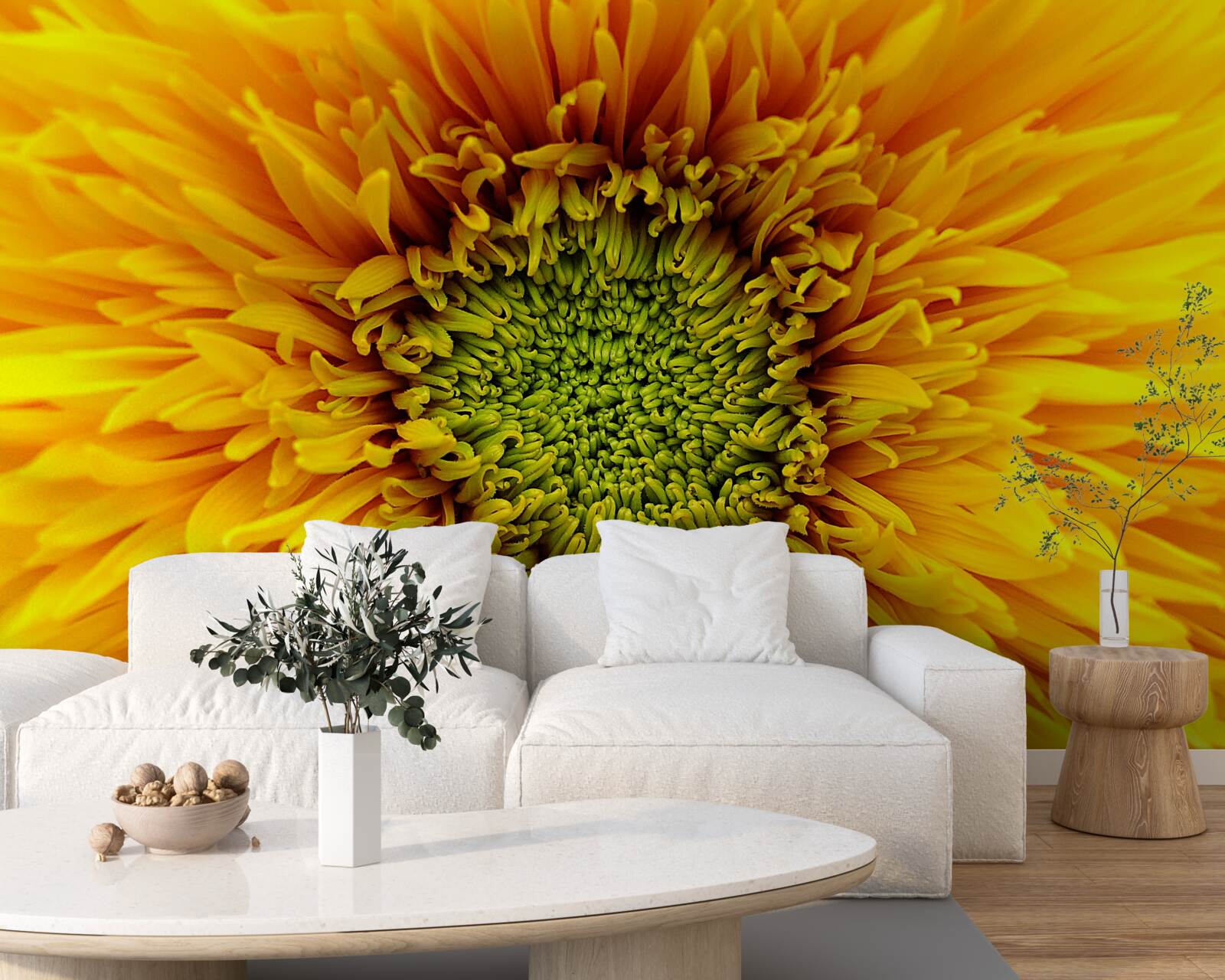 Фотошпалери квітка із зеленою серединкою, пофарбована в яскраво-жовтий колір