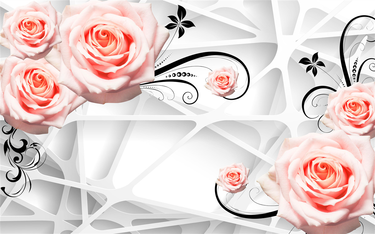 Фотошпалери геометричне тло, прикрашене гілками персикових троянд