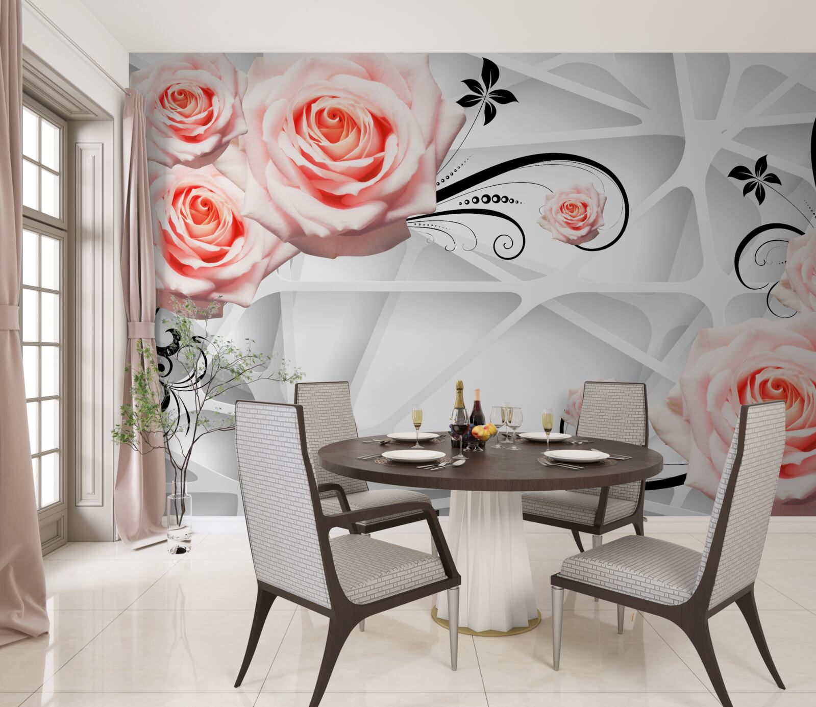 Фотошпалери геометричне тло, прикрашене гілками персикових троянд