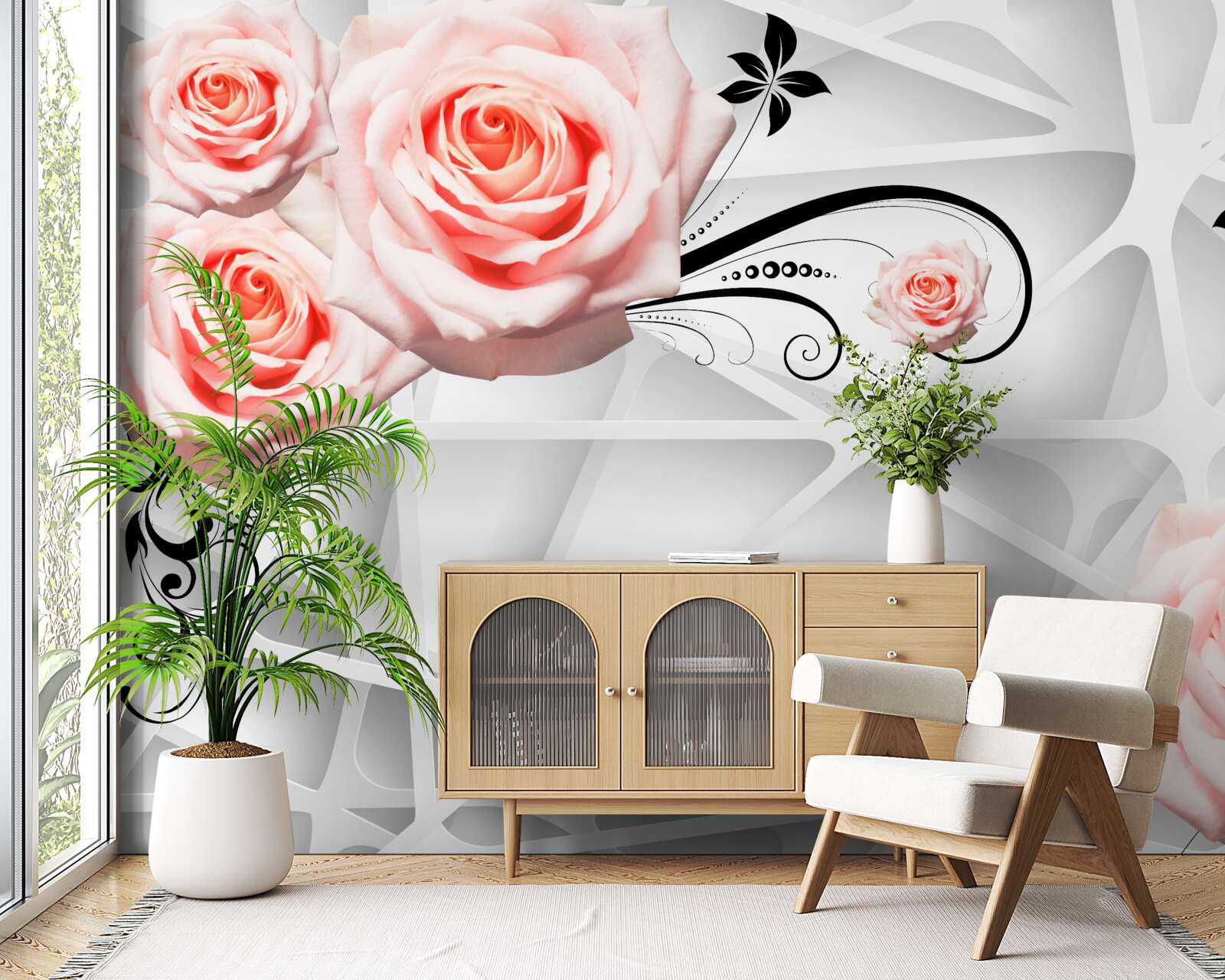 Фотошпалери геометричне тло, прикрашене гілками персикових троянд