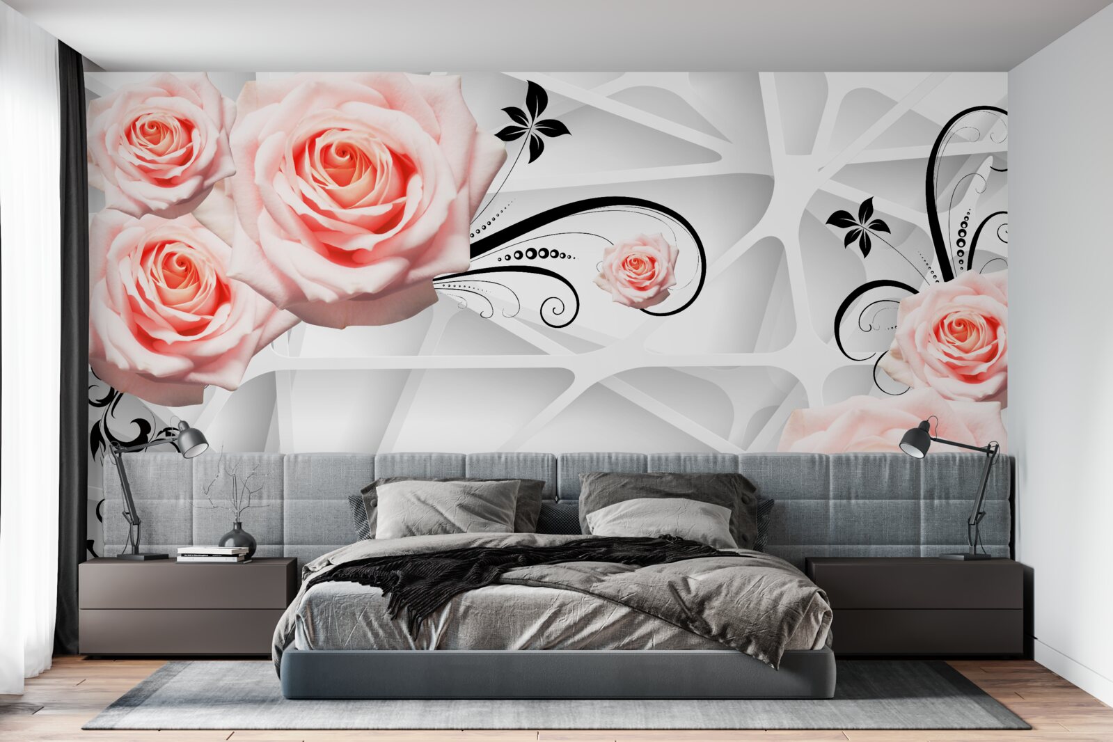 Фотошпалери геометричне тло, прикрашене гілками персикових троянд