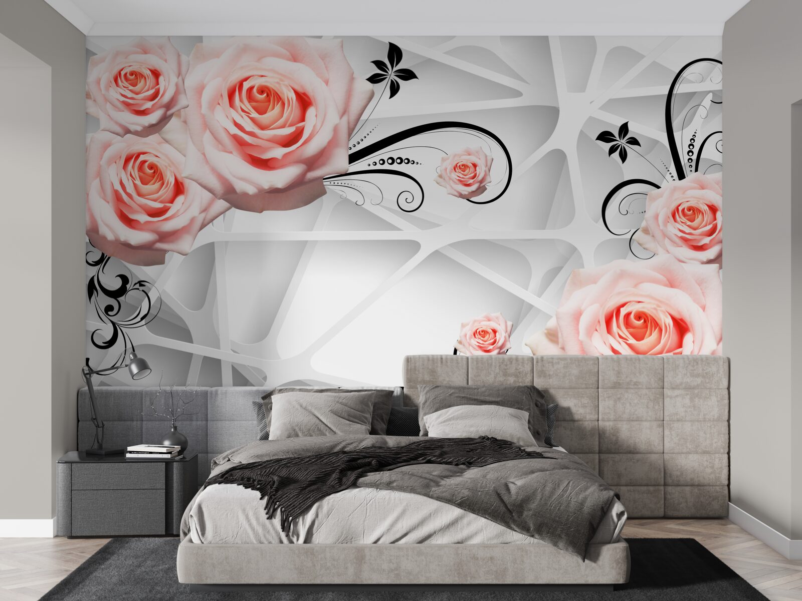 Фотошпалери геометричне тло, прикрашене гілками персикових троянд