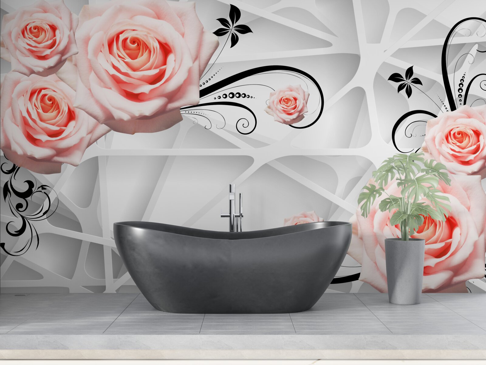 Фотошпалери геометричне тло, прикрашене гілками персикових троянд