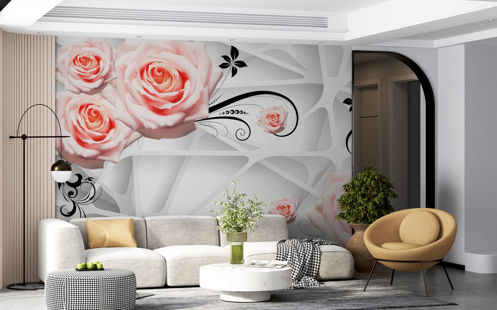 Фотошпалери геометричне тло, прикрашене гілками персикових троянд