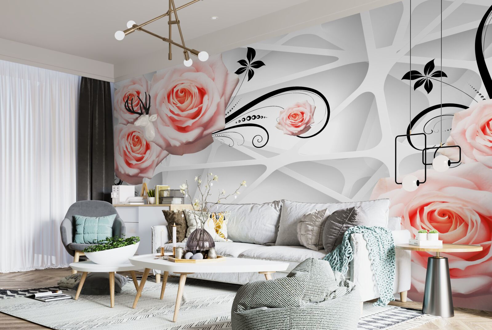 Фотошпалери геометричне тло, прикрашене гілками персикових троянд