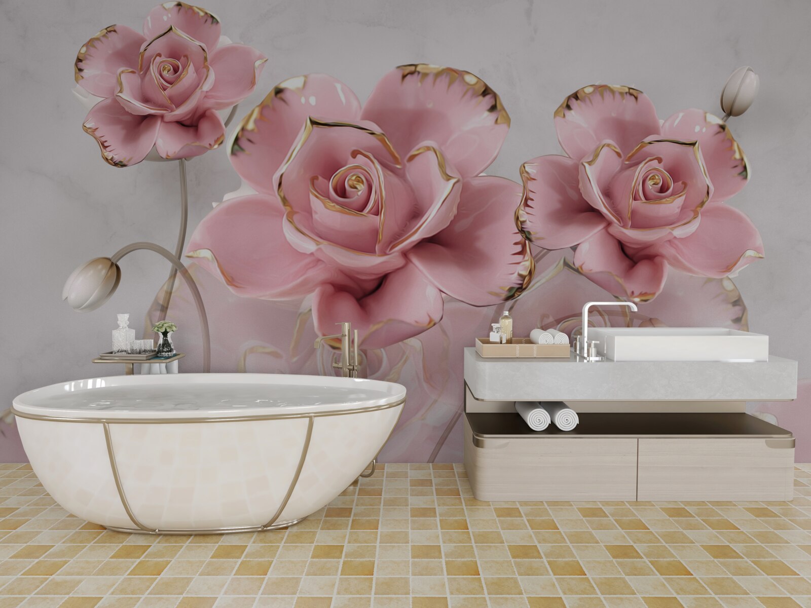 Фотошпалери ніжний фон, прикрашений рожевими трояндами