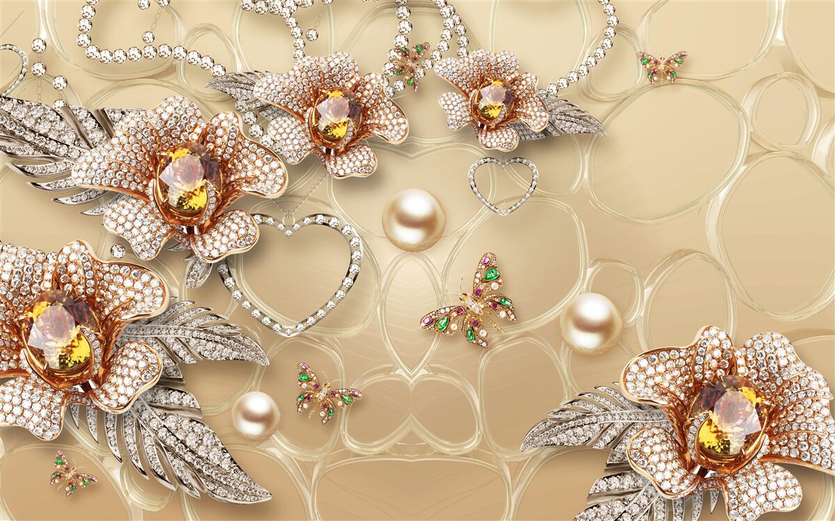 Фотошпалери металеві квіти білого кольору з перлинами