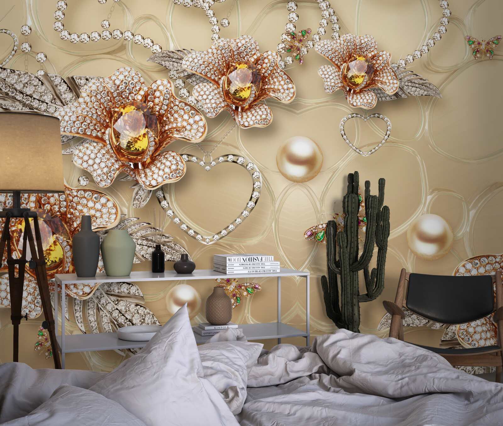 Фотошпалери металеві квіти білого кольору з перлинами