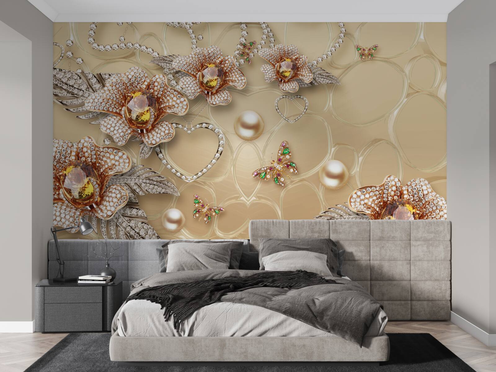 Фотошпалери металеві квіти білого кольору з перлинами