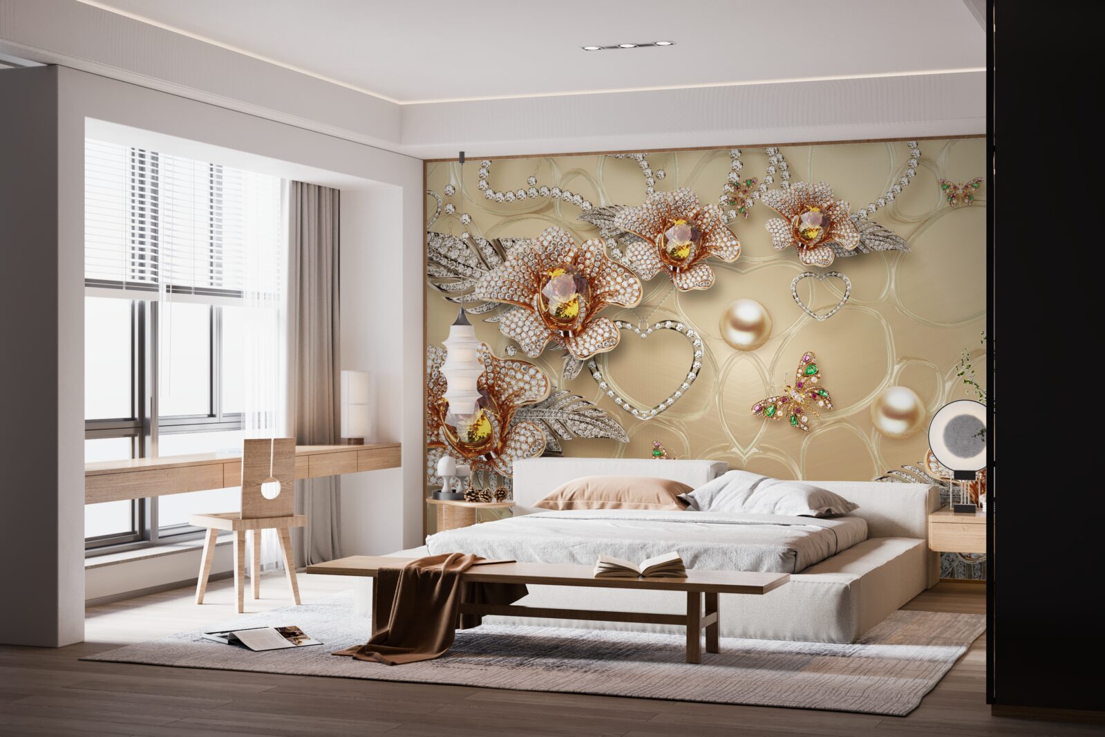 Фотошпалери металеві квіти білого кольору з перлинами