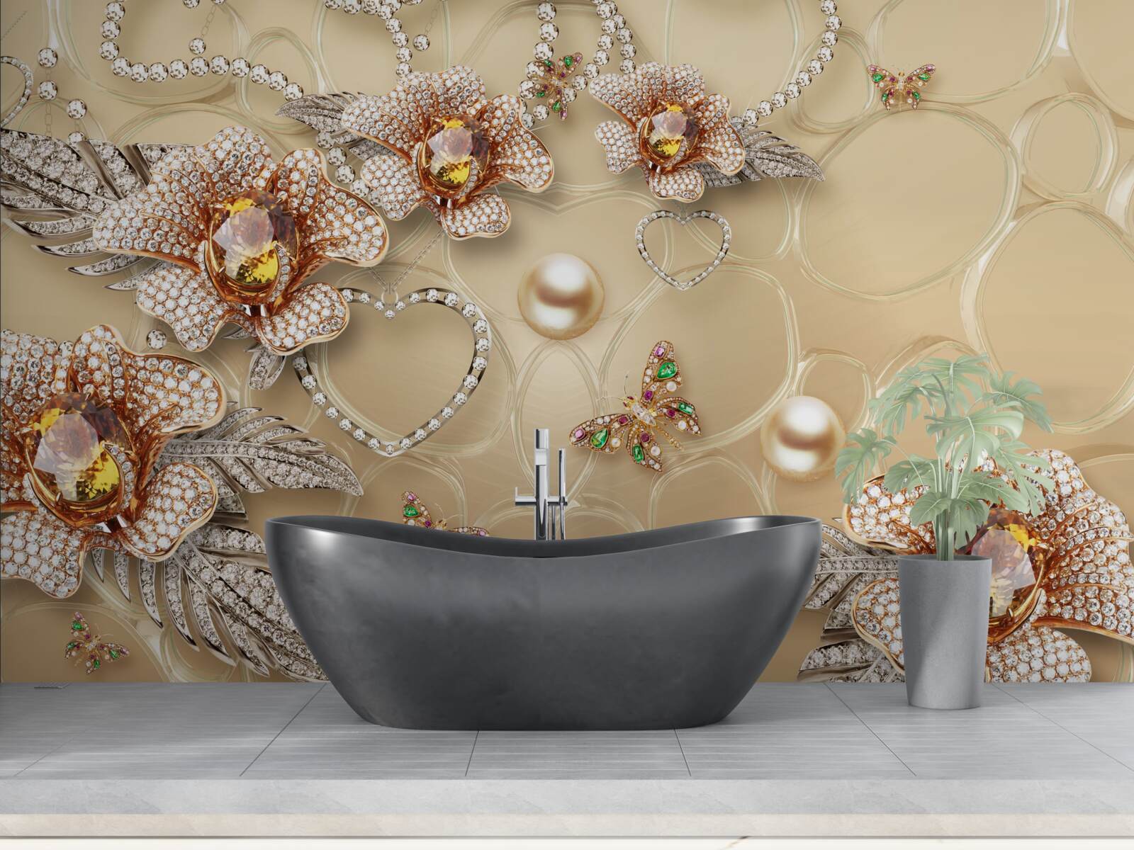 Фотошпалери металеві квіти білого кольору з перлинами