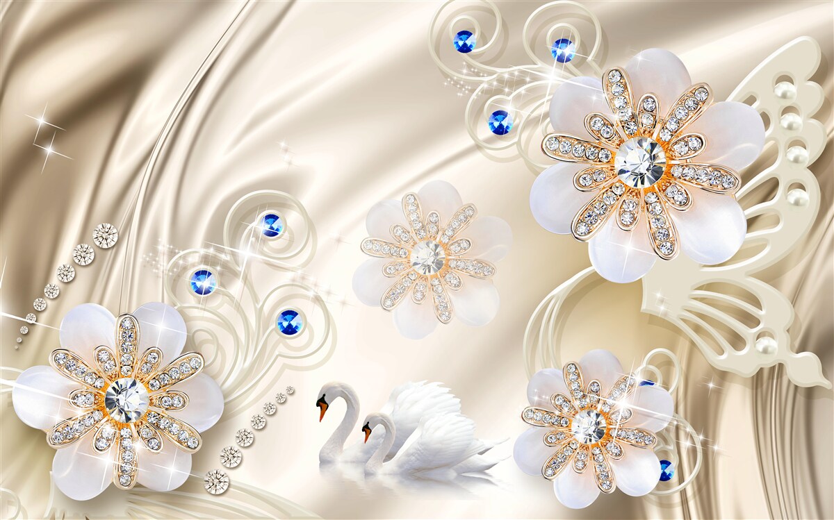 Фотошпалери кольорові коштовності та лебеді, що ковзають по воді