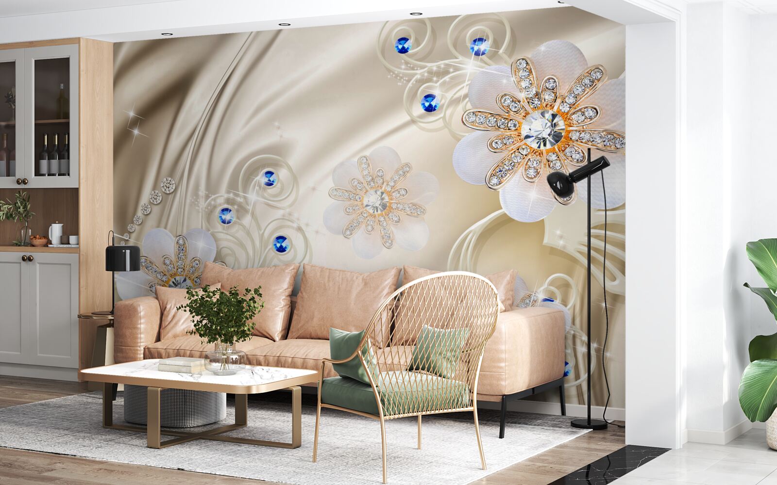 Фотошпалери кольорові коштовності та лебеді, що ковзають по воді