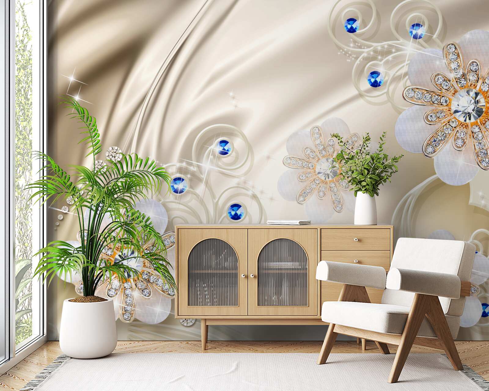 Фотошпалери кольорові коштовності та лебеді, що ковзають по воді