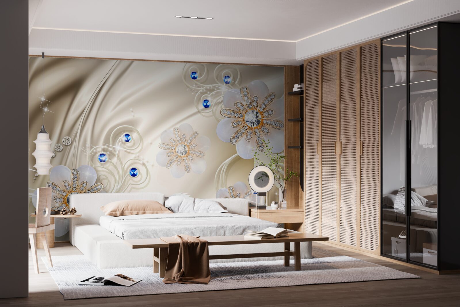 Фотошпалери кольорові коштовності та лебеді, що ковзають по воді