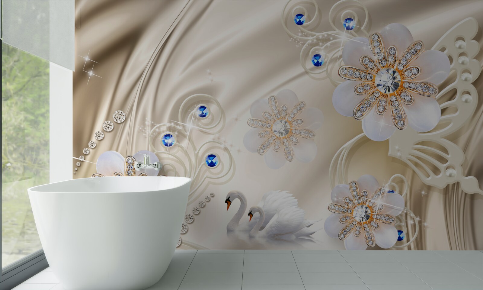 Фотошпалери кольорові коштовності та лебеді, що ковзають по воді