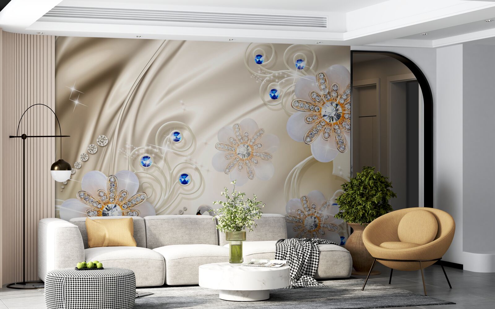 Фотошпалери кольорові коштовності та лебеді, що ковзають по воді