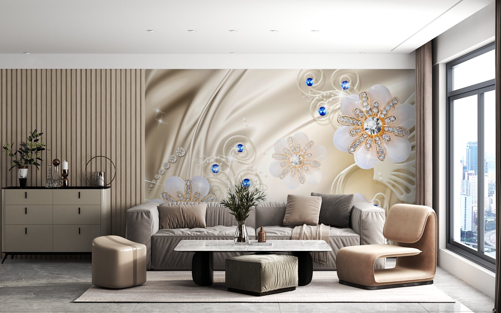 Фотошпалери кольорові коштовності та лебеді, що ковзають по воді