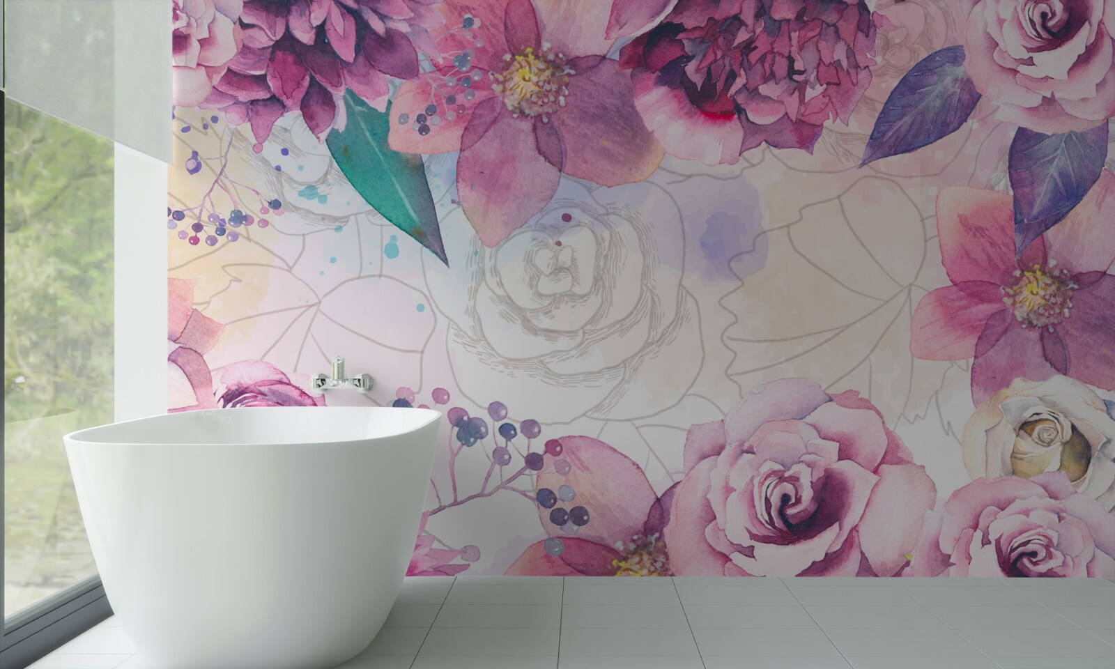 Фотошпалери Акварельний фон з квітами в бузкових тонах