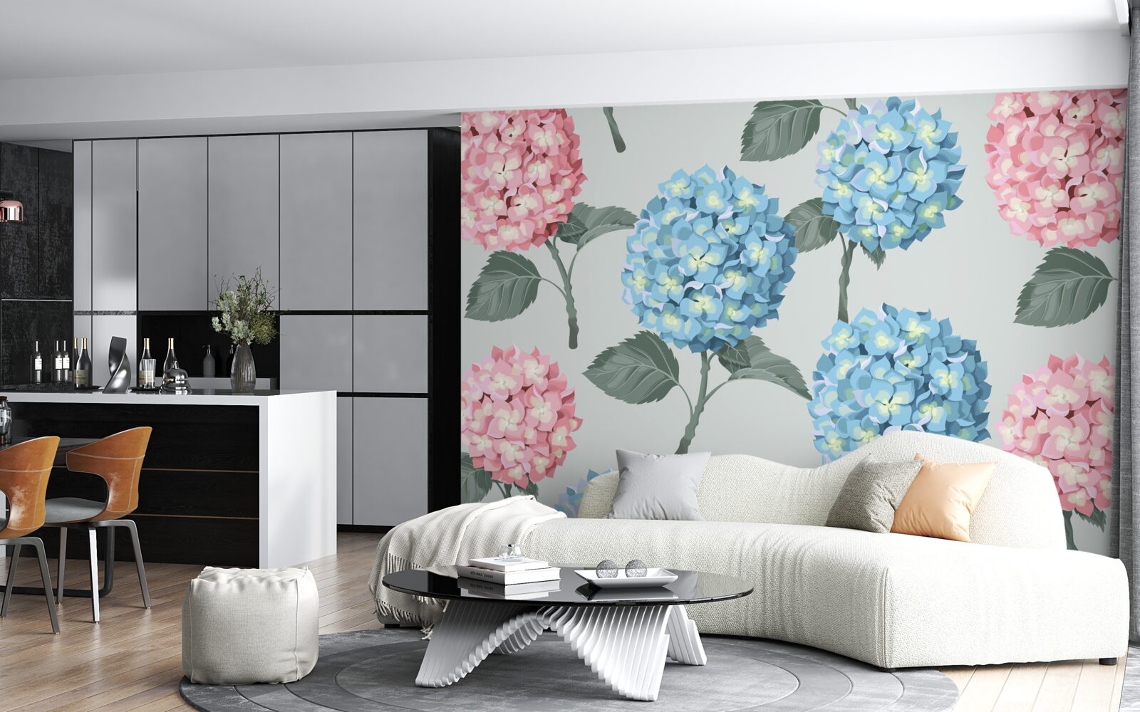 Фотошпалери рожеві та блакитні гортензії