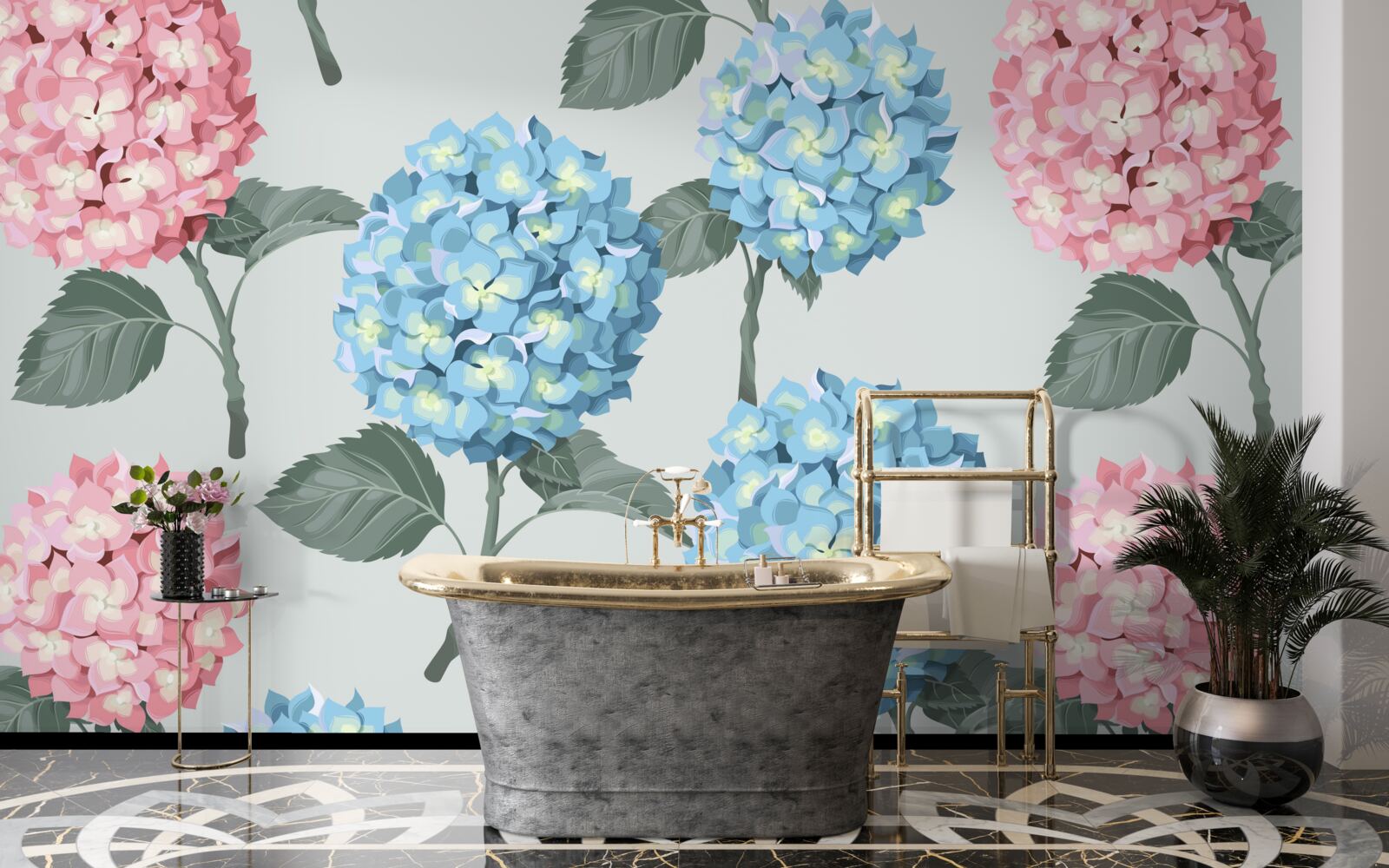 Фотошпалери рожеві та блакитні гортензії