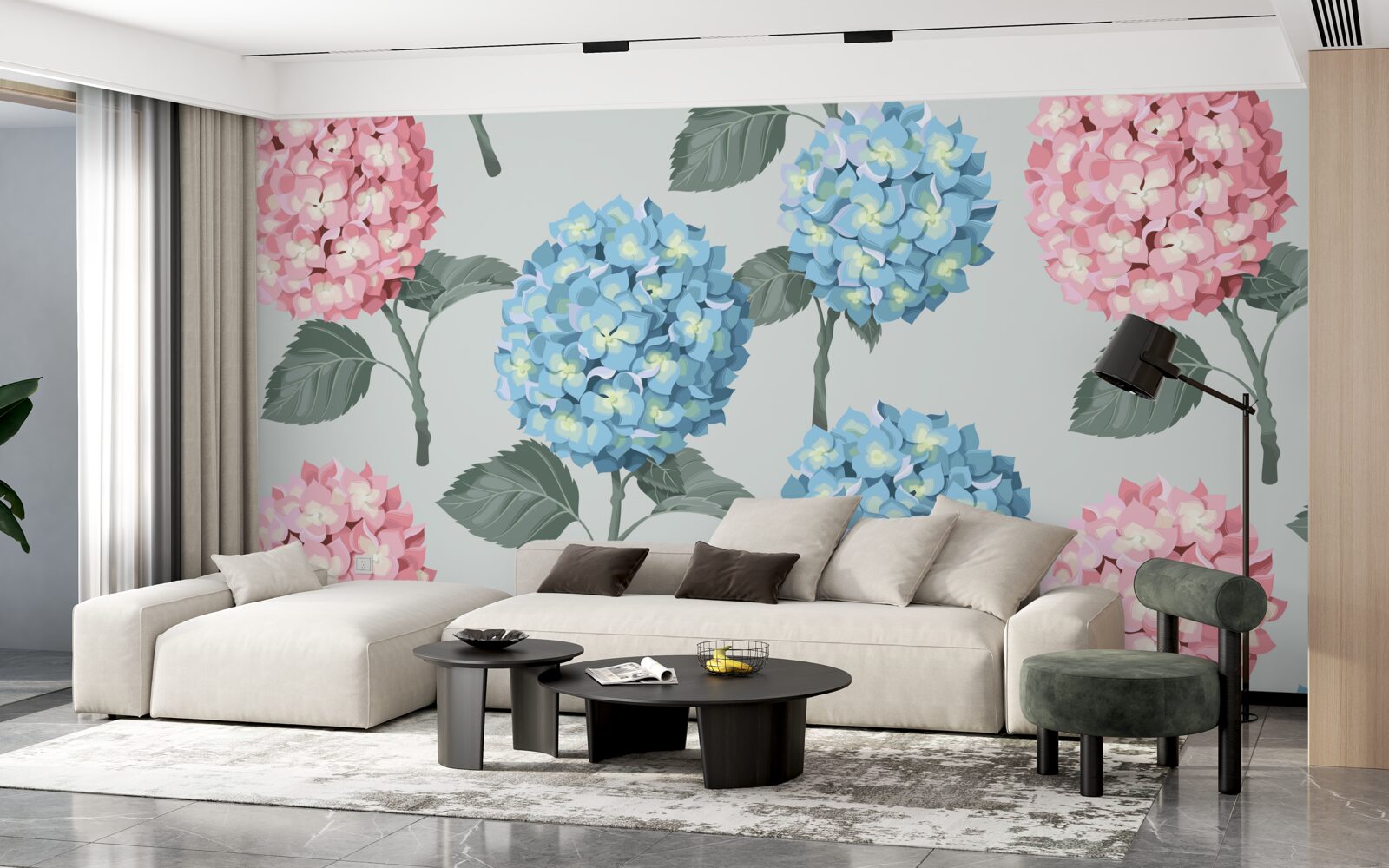 Фотошпалери рожеві та блакитні гортензії