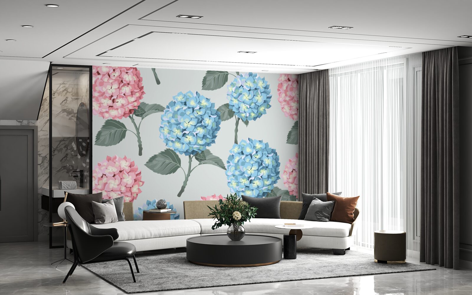 Фотошпалери рожеві та блакитні гортензії