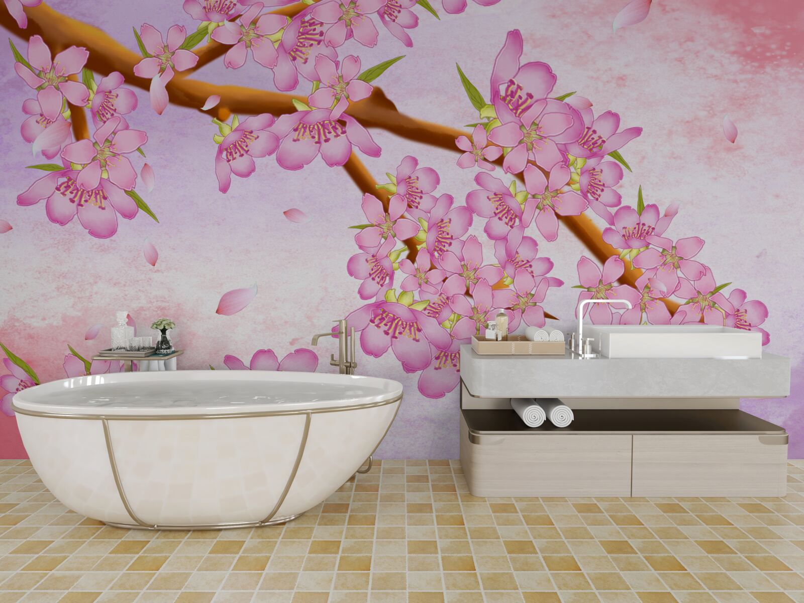 Фотошпалери на гілках розпускаються красиві рожеві бутони